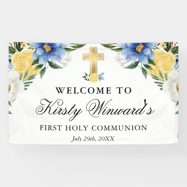 Banderoles Fleurs bleues et jaunes Première communion sainte (Horizontal)