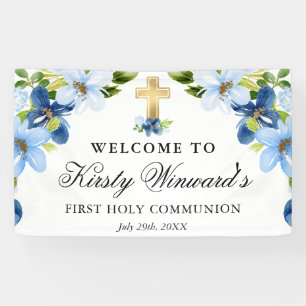 Banderoles Fleurs bleues et marines Première communion sainte