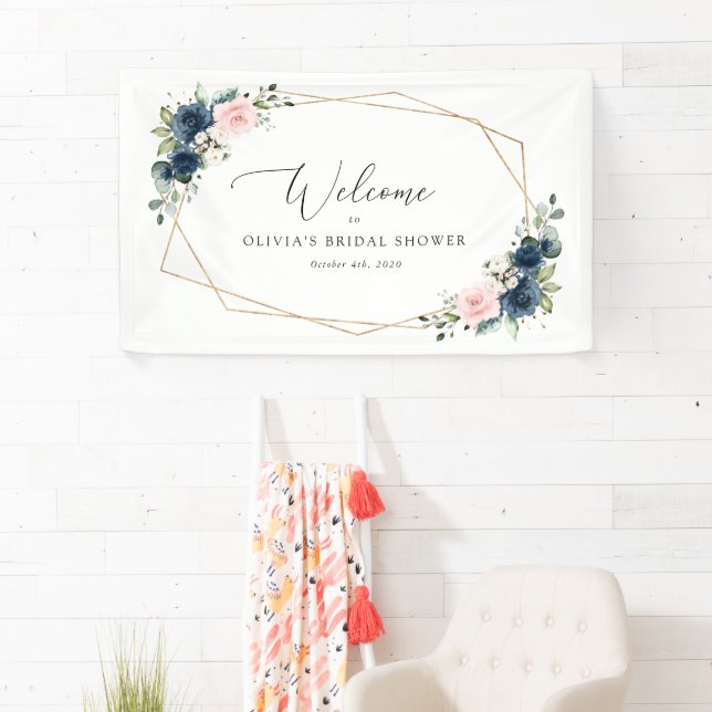 Banderoles Fleurs Bleues Marine, Fleurs Roses, Accueil Mariag (En situation)