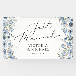 Banderoles Fleurs Bleues Moderne Juste Marié