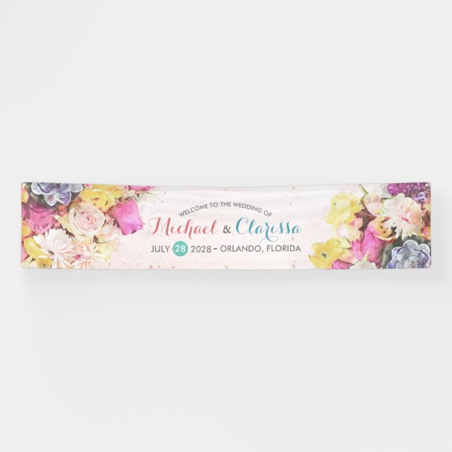 Banderoles Fleurs d'aquarelle colorée moderne Accueil Mariage (Horizontal)