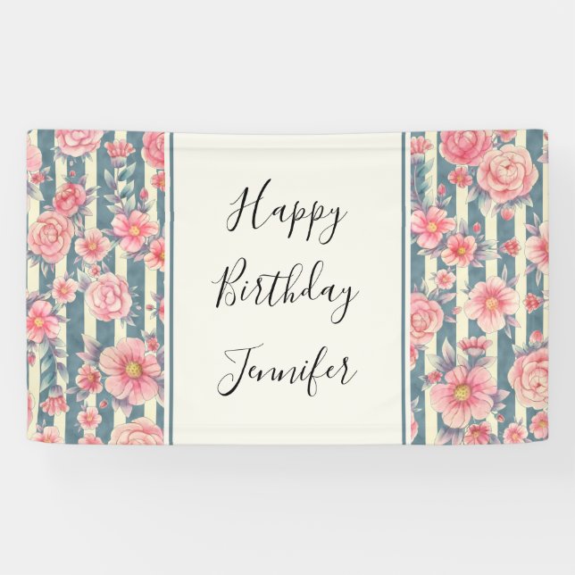 Banderoles Fleurs d'aquarelle rose sur rayures Anniversaire (Horizontal)