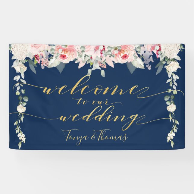Banderoles Fleurs de Blush Fancy Gold Calliage Bienvenue (Horizontal)