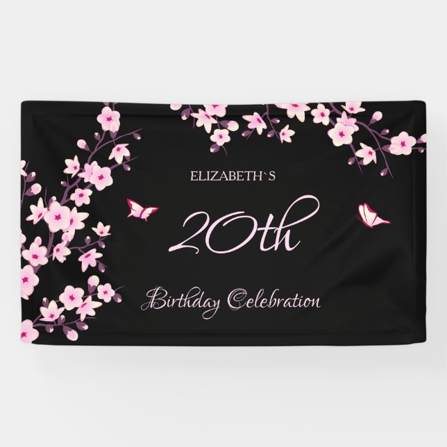 Banderoles Fleurs de cerisier papillon rose noir (Horizontal)