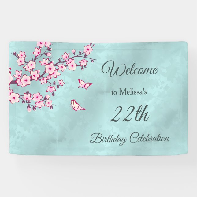 Banderoles Fleurs de cerisier rose turquoise pour anniversair (Horizontal)