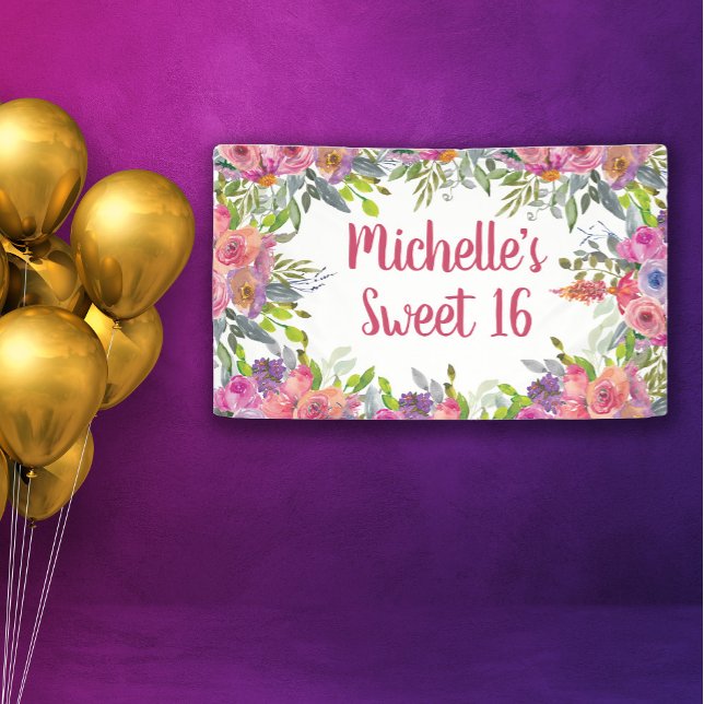 Banderoles Fleurs de verdure à l'aquarelle rose violet Douze  (Purple and pink watercolor floral Sweet 16 banner personalized with a name.)