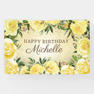Banderoles Fleurs jaunes Roses Paillettes dorées Joyeux Anniv