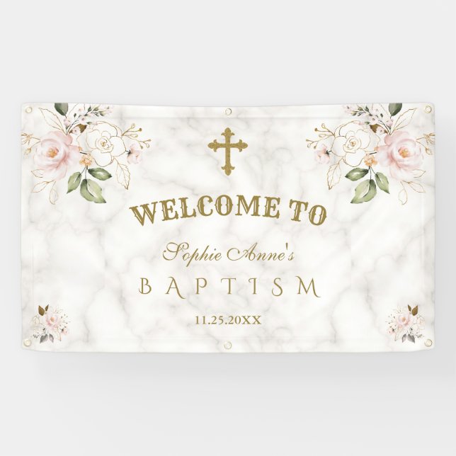 Banderoles Fleurs rose pâle Affiche de bienvenue Baptême d'or (Horizontal)