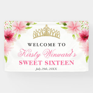 Banderoles Fleurs roses à l'aquarelle Bienvenue à Sweet Sixte