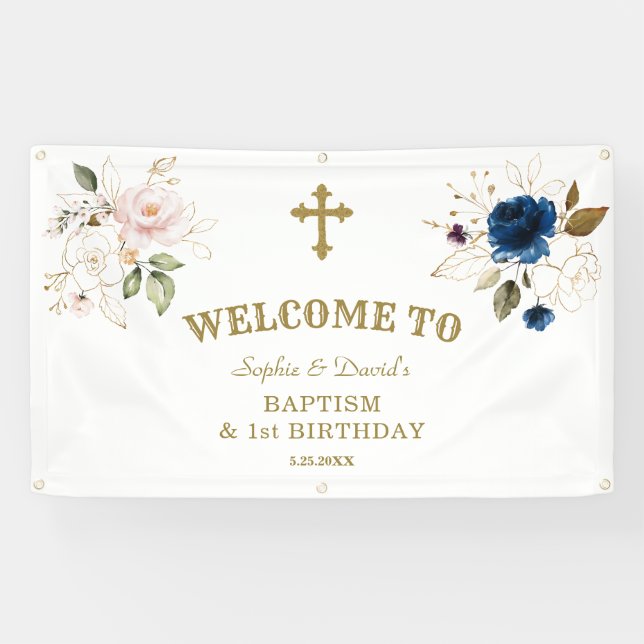 Banderoles Fleurs Roses Bleues Jumeaux 1er Affiche de bienven (Horizontal)