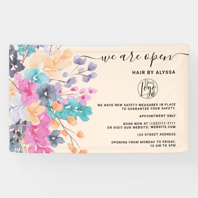 Banderoles Fleurs roses de campagne aquarelle Nous sommes ouv (Horizontal)