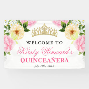 Banderoles Fleurs roses et jaunes Bienvenue Quinceanera