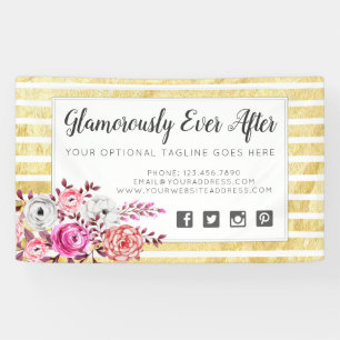 Banderoles Fleurs roses et or, glamour, aquarelle, rayures mo