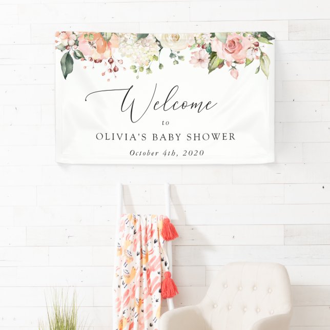Banderoles Fleurs roses, Fleurs blanches, Accueil Baby shower (En situation)