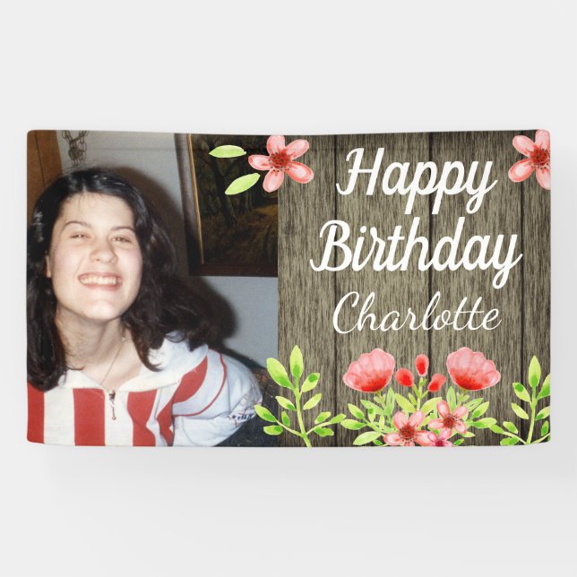 Banderoles Fleurs roses photo d'anniversaire en bois rustique (Horizontal)