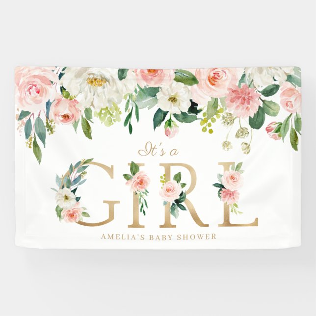 Banderoles Fleurs roses rousses Or C'est un Baby shower fille (Horizontal)