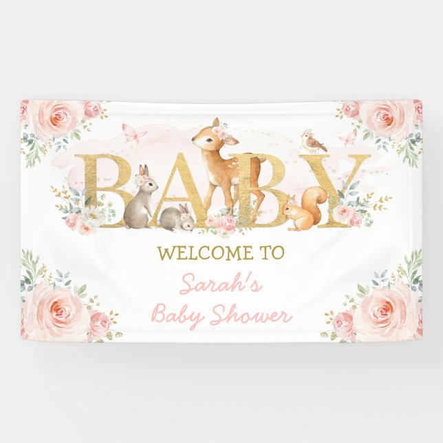Banderoles Fleurs rousses Bois Animaux Baby shower Bienvenue (Horizontal)