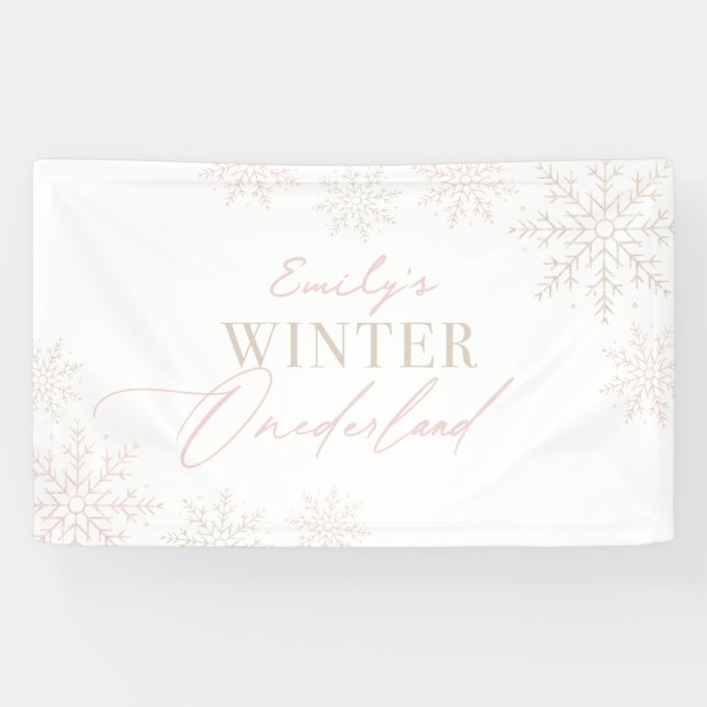 Banderoles Flocon de neige rose hiver Onederland 1er annivers (Horizontal)