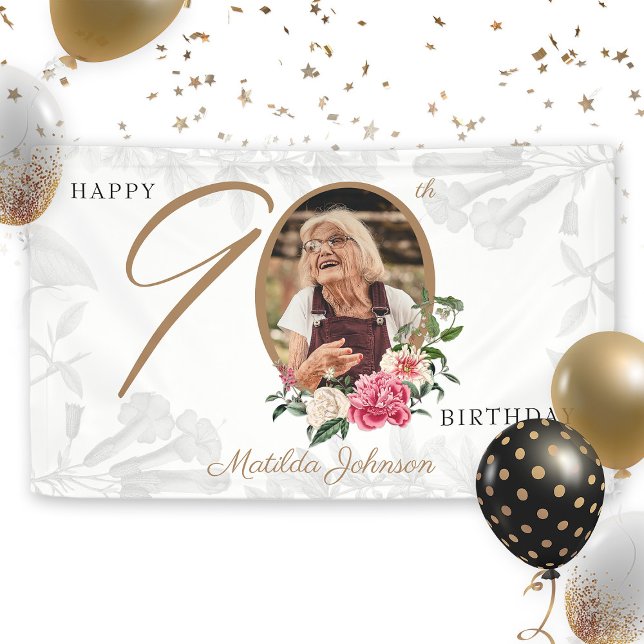 Banderoles Floral 90e anniversaire Elégant blanc or personnal (Floral 90th Birthday Elegant White Gold Custom Banner
)