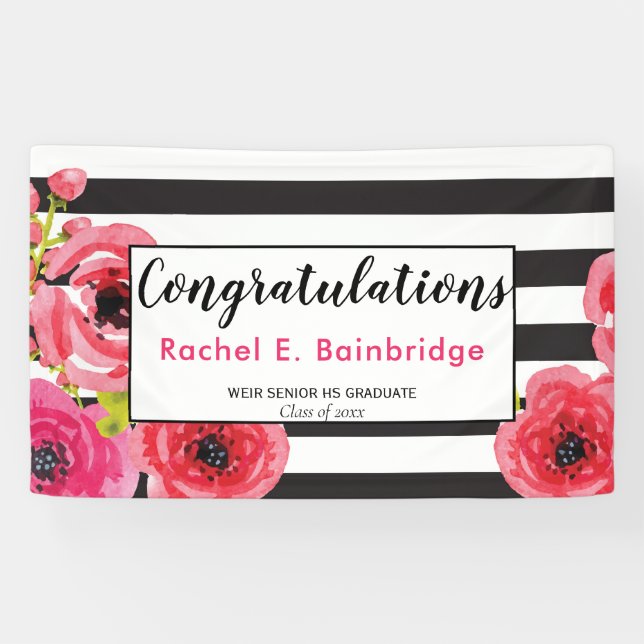 Banderoles Floral Aquarelle Roses & Stripes Grad Party (Horizontal)