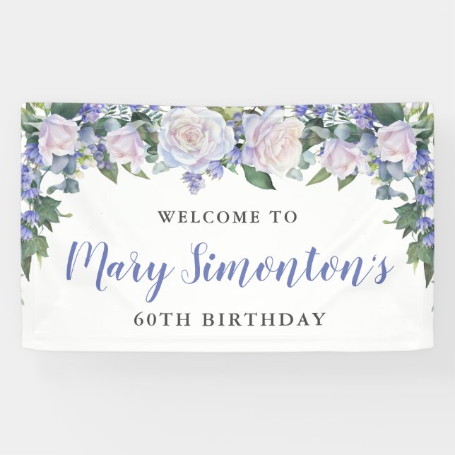 Banderoles Floral bleu rustique et blanc 60e anniversaire (Horizontal)