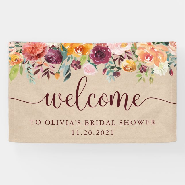 Banderoles Floral Bourgogne rustique sur Kraft Look | Bienven (Horizontal)