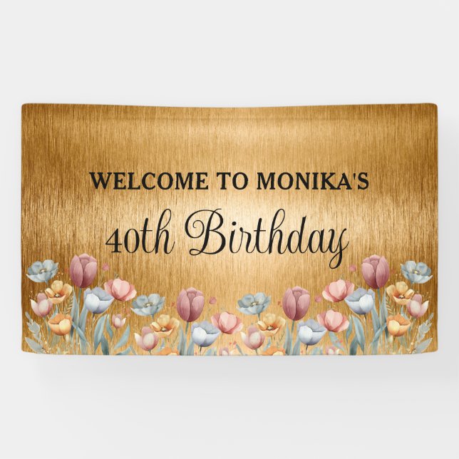Banderoles Floral Gold Foil Joyeux anniversaire (Horizontal)