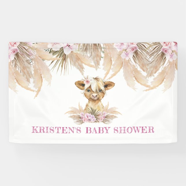 Banderoles Floral Highland Cow Baby shower Bienvenue (Horizontal)