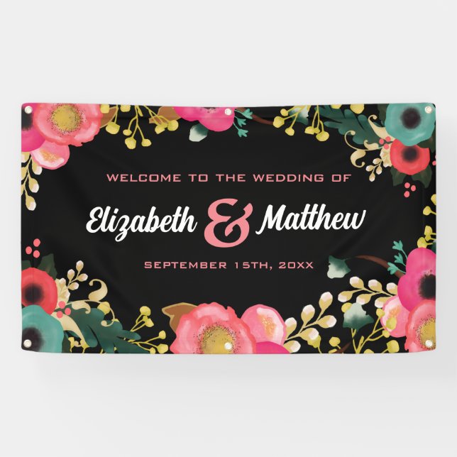 Banderoles Floral moderne noir | Rose | MARIAGE TURQUOISE (Horizontal)