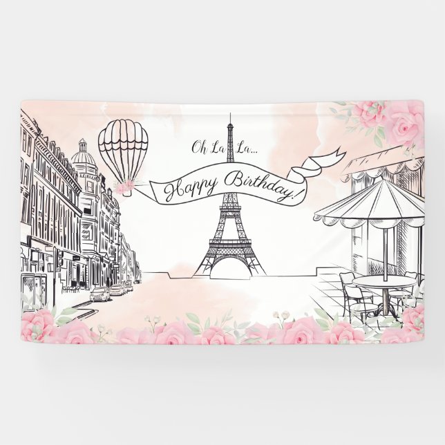 Banderoles Floral Paris backdrop Happy Birthday banner (Horizontal)