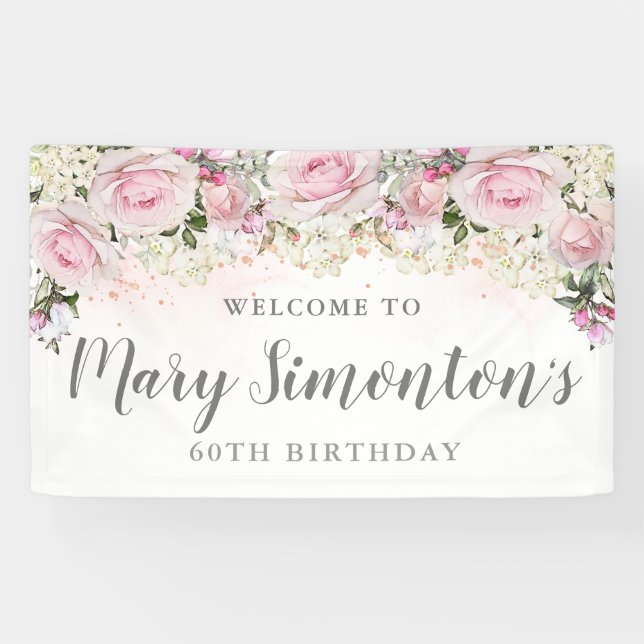 Banderoles Floral rose et blanc rustique 60e anniversaire (Horizontal)