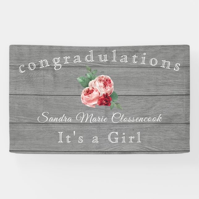 Banderoles Floral rose rustique C'est une fille Bois gris rus (Horizontal)