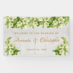 Banderoles Floral White Lilies Marbre Script Mariage Bienvenu