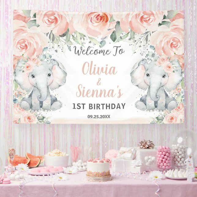 Banderoles Flore floue mignon Eléphant jumeaux Anniversaire (Fête)