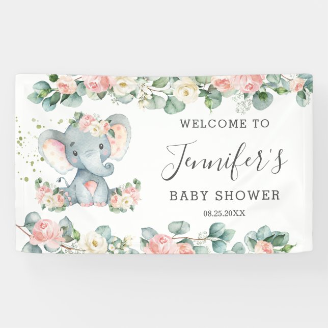 Banderoles Flore verdure Elephant Baby shower Fille Bienvenue (Horizontal)