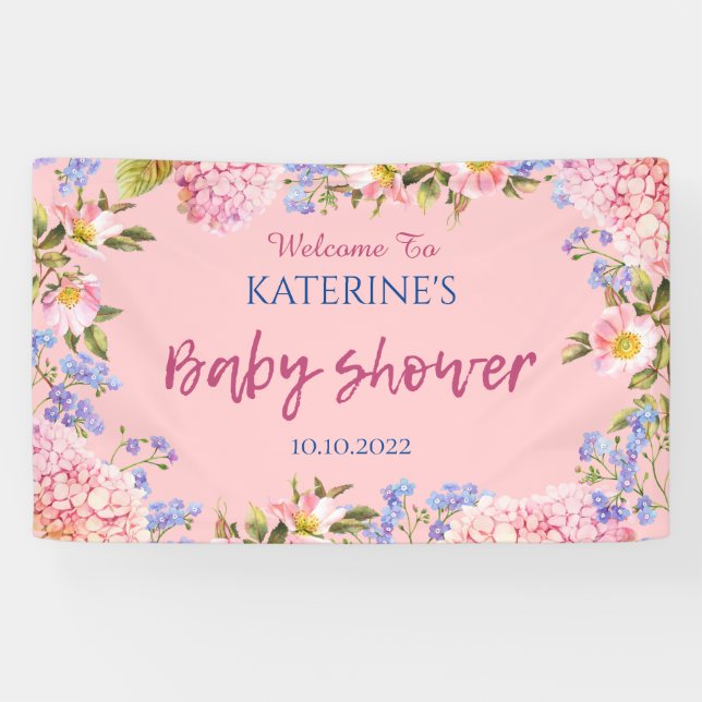 Banderoles Fond rose bordure florale Bienvenue Baby Shower (Horizontal)