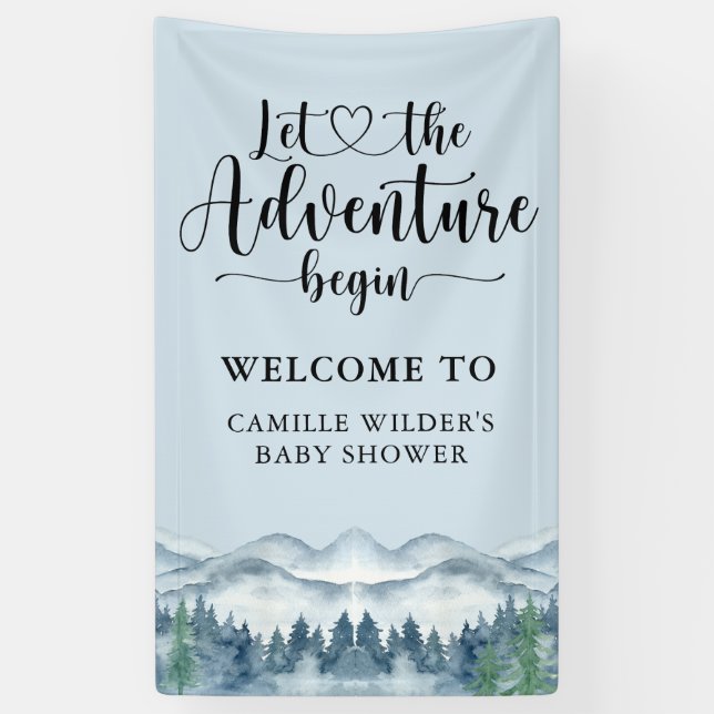 Banderoles Forest Adventure Mountains Baby shower bleu (Vertical)