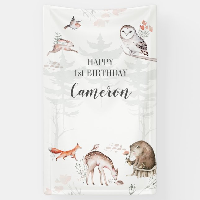Banderoles Forêt boisée rustique Animaux 1er anniversaire (Vertical)