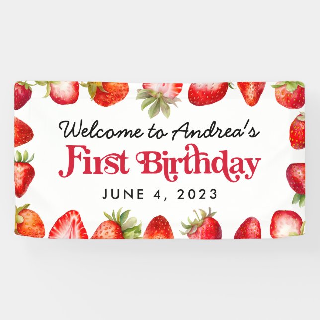 Banderoles Fraise moderne Enfants Premier anniversaire Accuei (Horizontal)