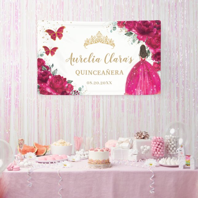 Banderoles Fuchsia Rose Floral Quinceañera Accueil (Fête)