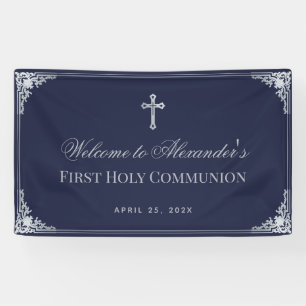 Banderoles Garçon Première communion Marine Bleu Élégant Croi