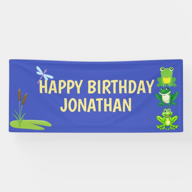 Banderoles Garçons personnalisés Grenouille Anniversaire Bleu (Horizontal)