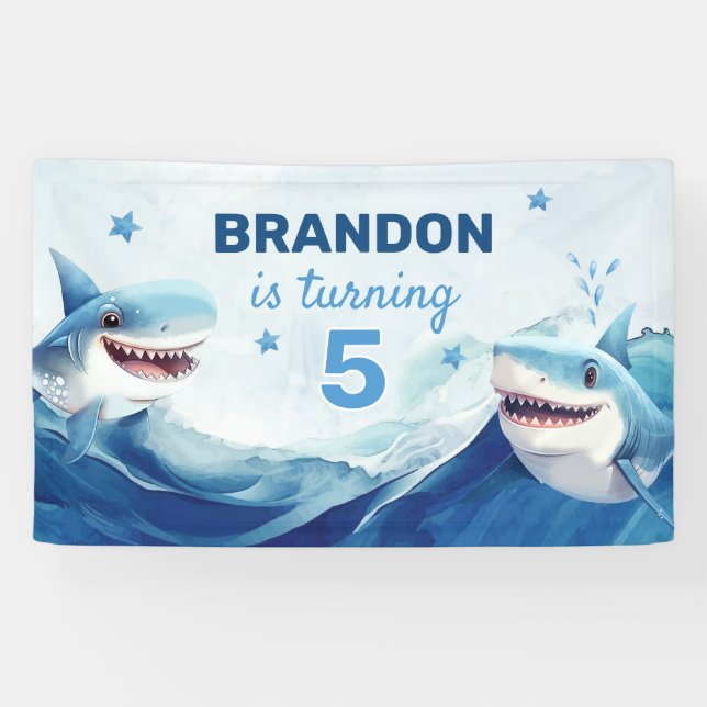 Banderoles Garçons sous l'océan marin requin 5e anniversaire (Horizontal)
