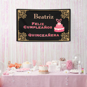 Banderoles Gâteau rose vintage en or noir Quinceañera