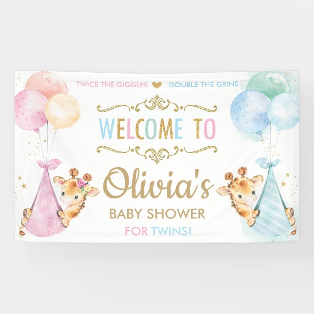 Banderoles Giraffe Twin Boy Girl Baby shower Accueil arrière- (Horizontal)