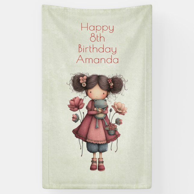 Banderoles Girl with A Frog Doll Cute Whimsical Birthday (Vertical)