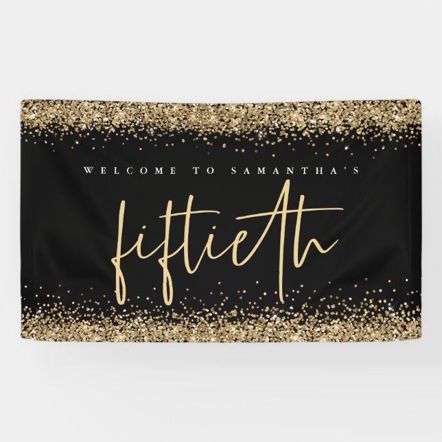 Banderoles Glam Black Gold Parties scintillant Nom Bienvenue  (Horizontal)