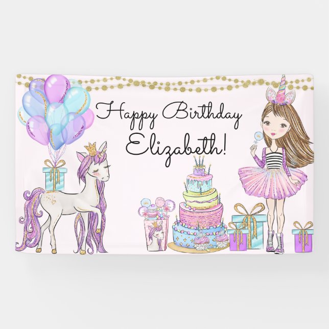 Banderoles Glittery rose Anniversaire Girl Unicorn Glam Banni (Horizontal)