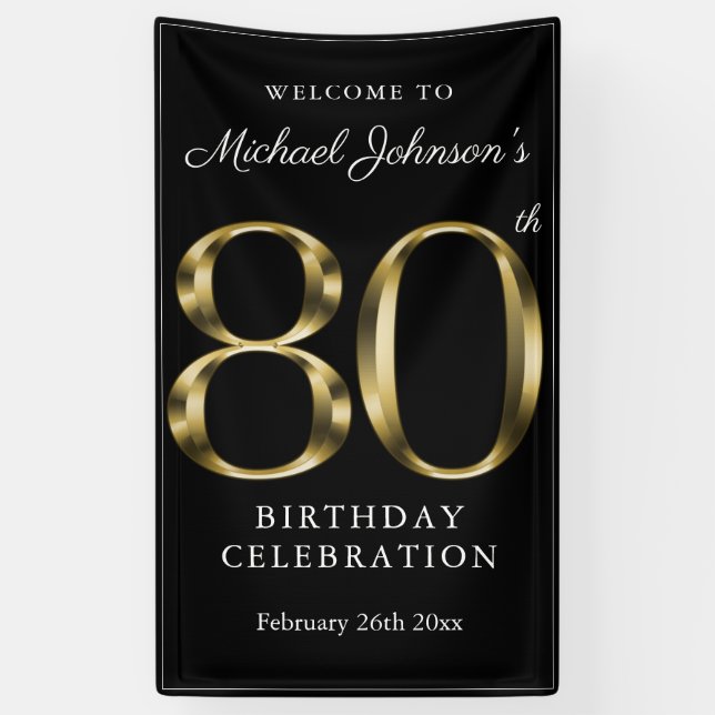 Banderoles Gold & Black 80th Birthday Elegant Welcome Party (Vertical)