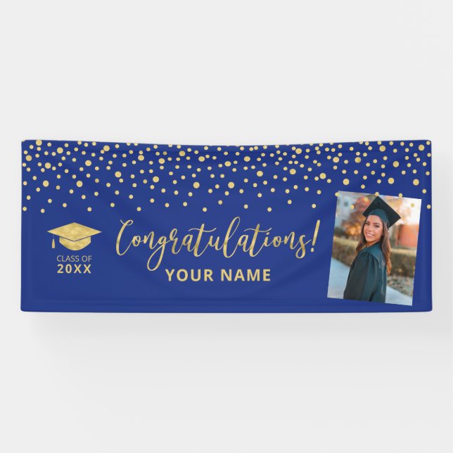 Banderoles Gold & Blue Confetti Félicitation Graduation (Horizontal)